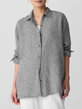Eileen Fisher Organic Linen Gingham Shirt L Relaxed Puckered Button Up